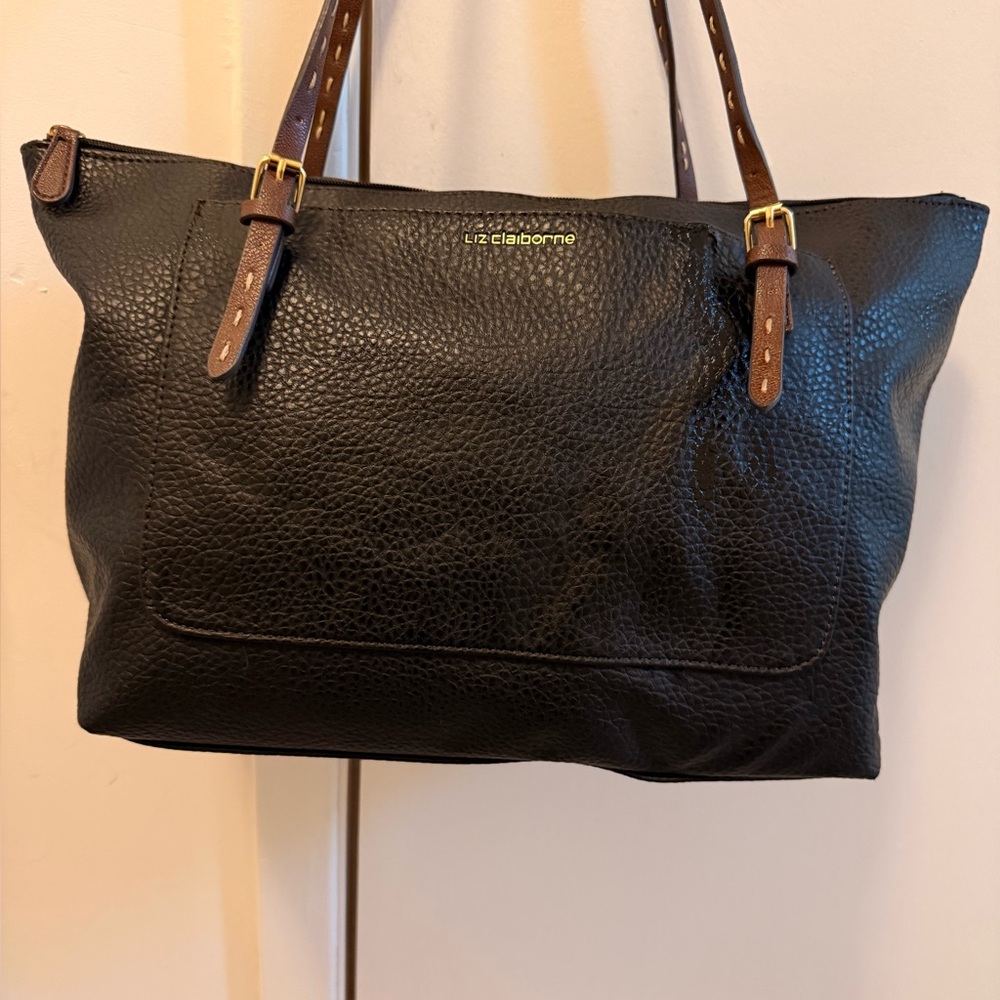 Liz Claiborne Black Leather Pebbled Textured Tote with Brown Contrast Straps